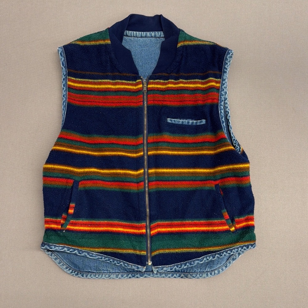Vintage Bugle Boy Reversible Vest Mens XL Denim Fleece Striped Multi-Color Zip